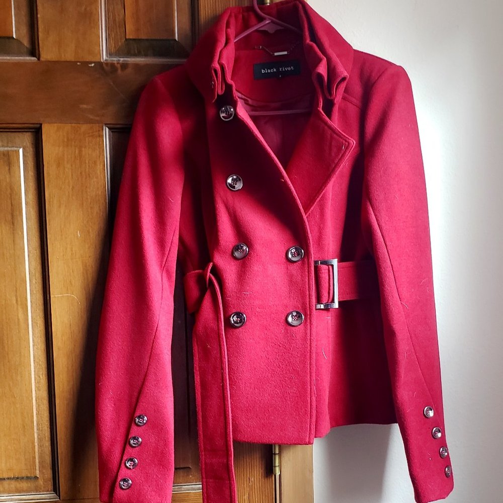 Black Rivet Burgandy Belted Peacoat S